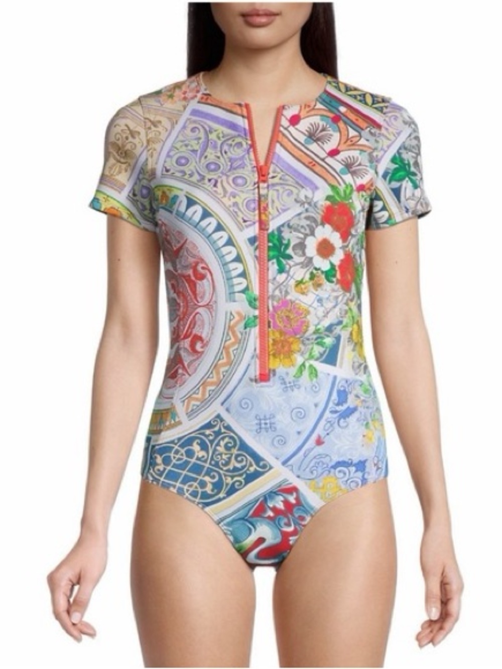 Johnny Was Boho Neoprene Zip Front Swimsuit in Multi Print - S